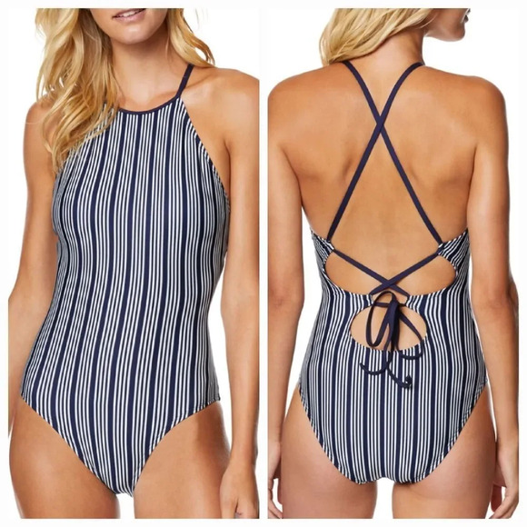 Nautica women's navy white Dock Lines High Neck One Piece Swimsuit size medium - Picture 1 of 16